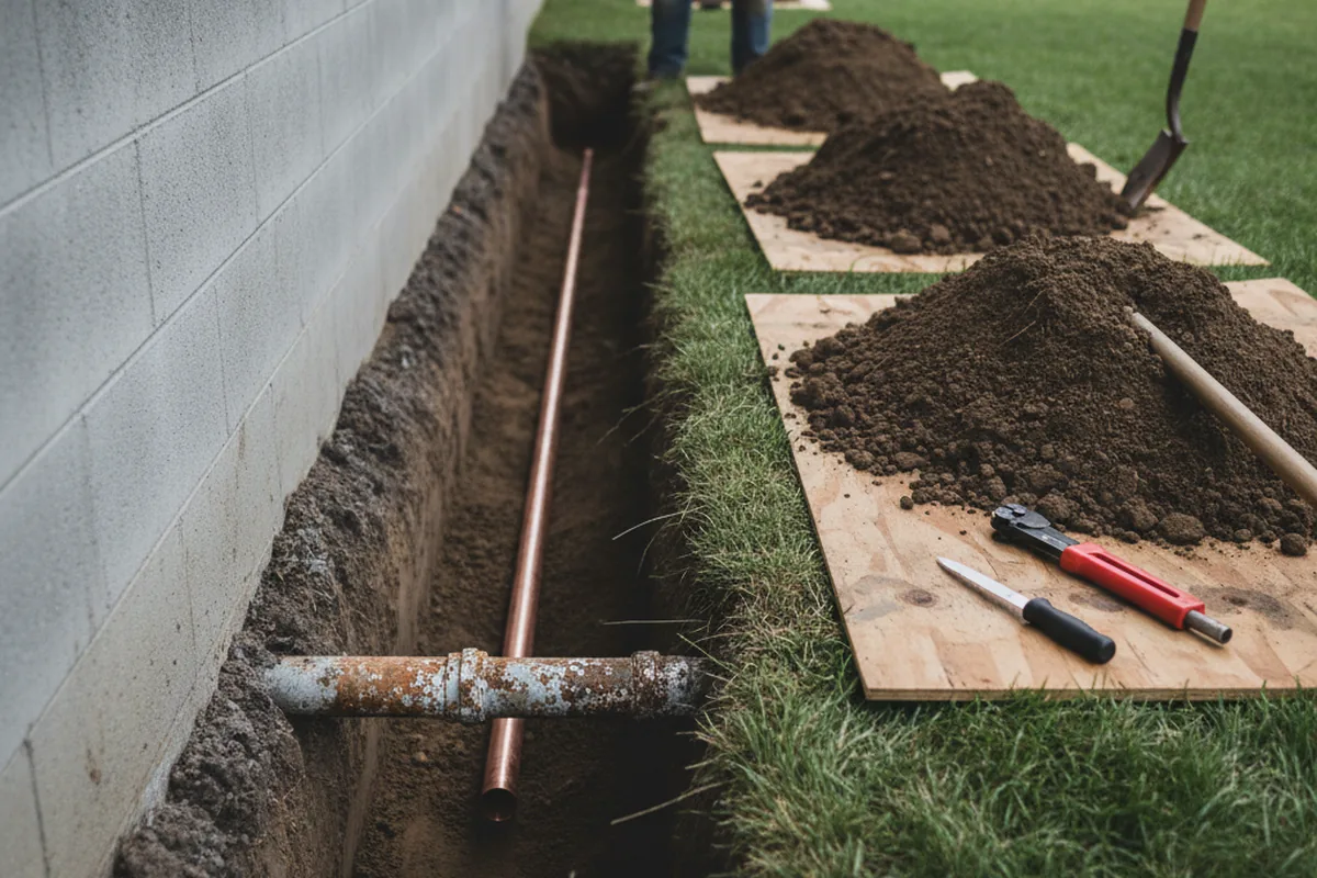 Excavated water line trench during Sewer Line Repair in New Suffolk